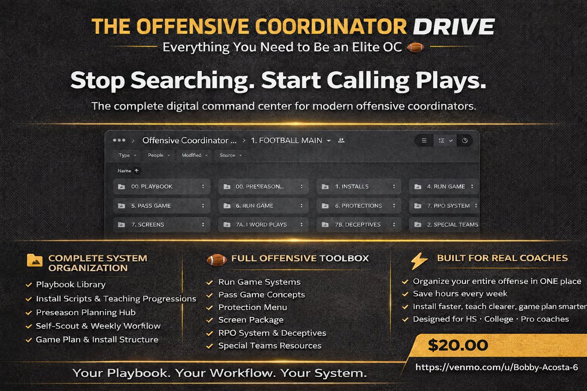 CoachBA1010's tweet photo. 🚨 Offensive Coordinator Google Doc Workbook 

Everything you need to run your offense in one place:
• Templates
• Install Plans
• Playbook Templates
• Position Manuals
• Teach Tapes
• Program Manual
• OC School Teach Tapes and much more.......

📩 Email: coachacosta10@yahoo.com for more details or 
💰 Venmo and include your email in the payment notes to receive access.
X: @CoachBA1010 

Drive: Templates, Teach Tapes, OC School Teach Tapes