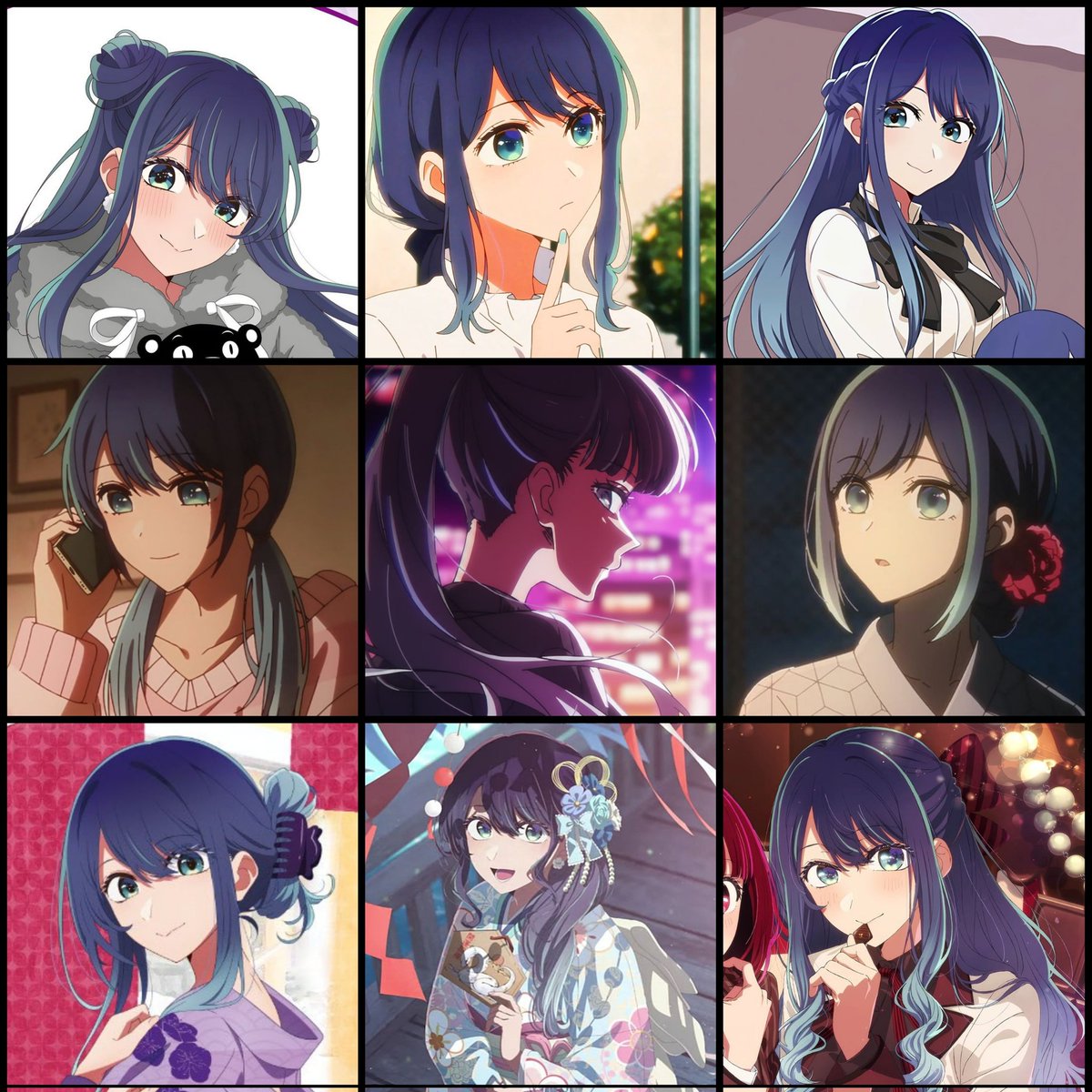 جميع تسريحات الشعر الرسمية الي ظهرت بها أكاني طوال سلسلة الانمي 💙

#OshiNoKo