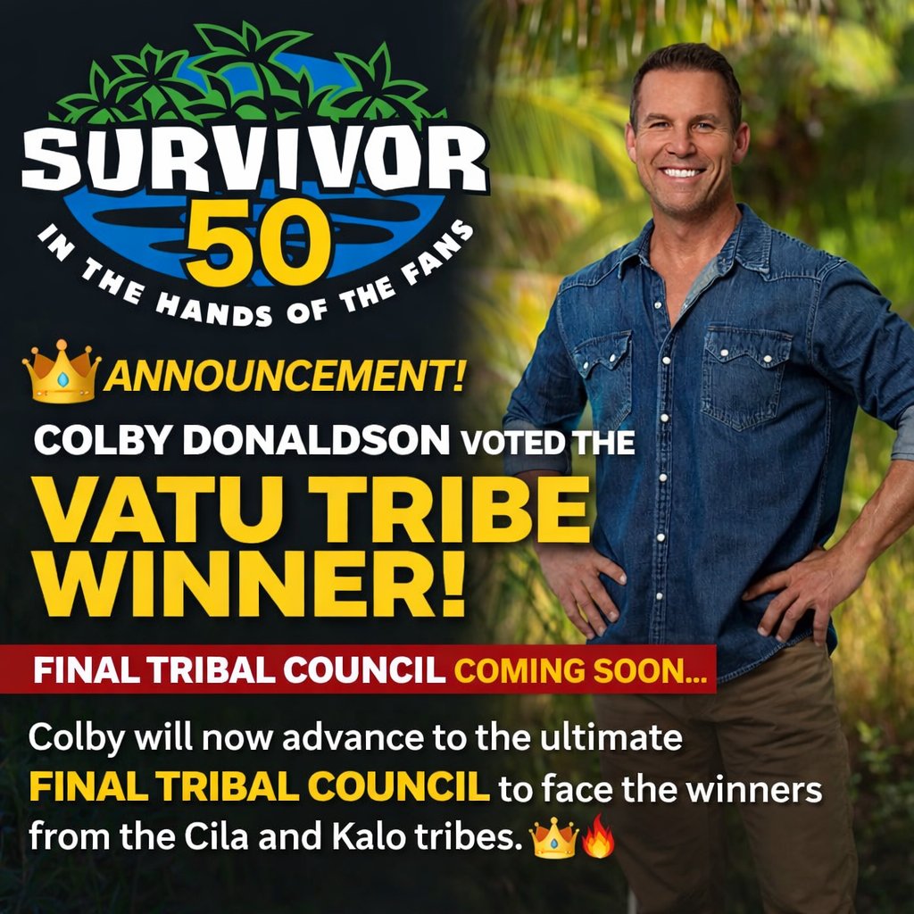 Colby Donaldson has been voted the Vatu tribe winner 🏆
As the player we’re most excited to see back 👀🏝️
Final Tribal Council is set:
Christian Hubicki vs Coach Wade vs Colby Donaldson 👑🔥

youtube.com/@SurvivorGeek/…

<a href="/Colby_Donaldson/">Colby Donaldson</a>
#Survivor50 #InTheHandsOfTheFans