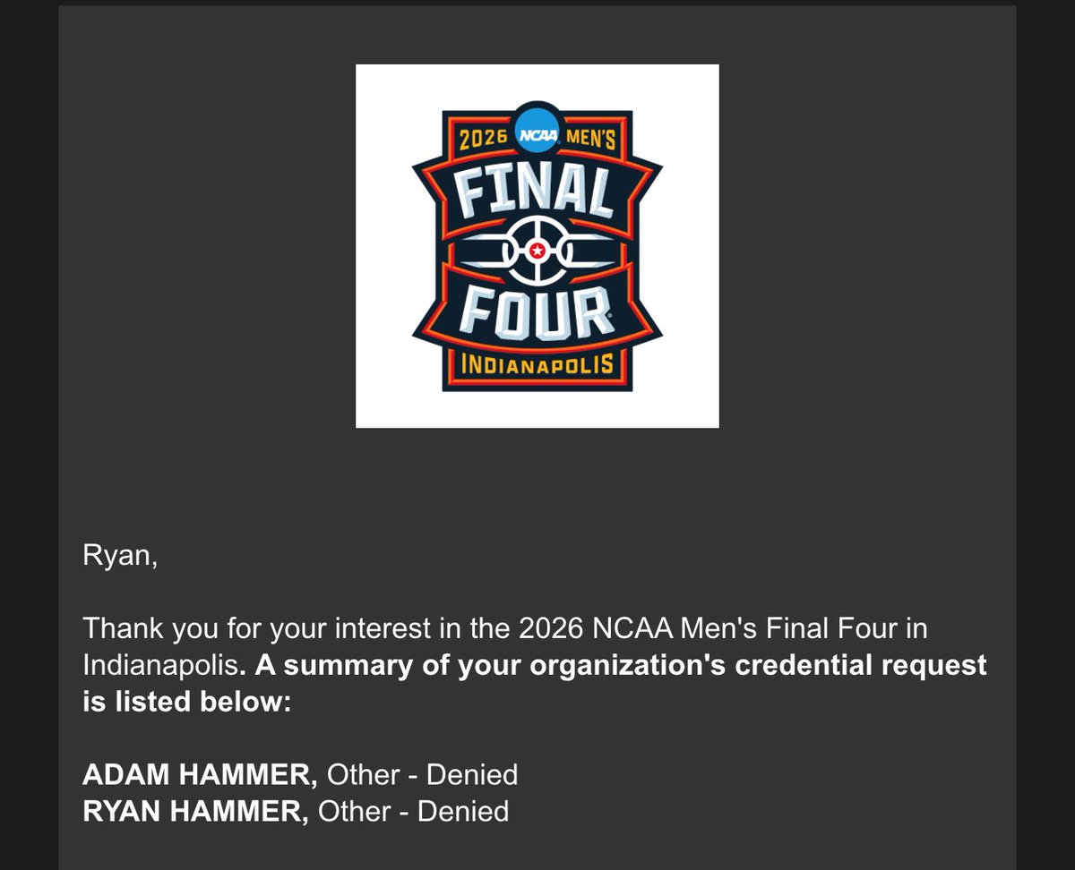 ryanhammer09's tweet photo. Thank you so much NCAA for denying credentials for the Final Four!

I am independent & not a traditional reporter they’re used to but honestly feels ridiculous knowing the volume of credentials they give out.

Have had zero luck cutting through so here I am publicly sharing my disappointment. 

Will still be at the Final Four obviously & doing all the “coverage” I need to off site & in the stadium, but doesn’t sit right.