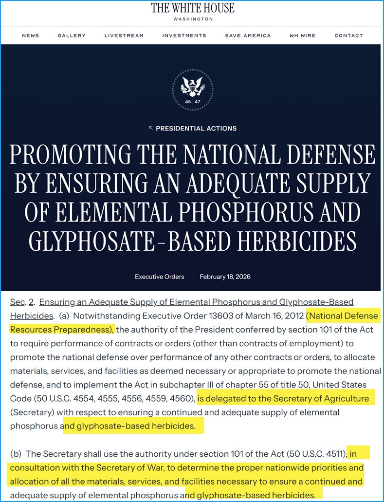chrismartenson's tweet photo. Why is Trump invoking a 2012 National Defense EO for glyphosate (Round-Up)?  Why is the Ag  Sec being asked to consult with the Sec of War to determine whether the US has enough of this toxic herbicide on hand?  So much for MAHA. https://t.co/Eb4nGFt3WV