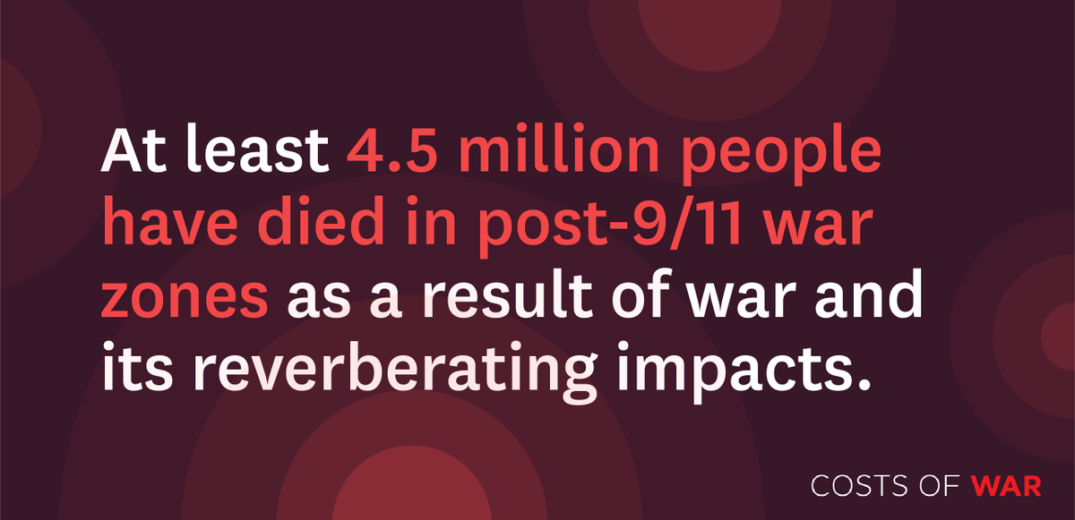 CostsOfWar's tweet photo. As Trump mulls an attack against Iran, a reminder: The post-9/11 wars in Iraq, Afghanistan and elsewhere led to the deaths of at least 4.5 million people and cost roughly $8 trillion dollars. https://t.co/8oXziBgErk