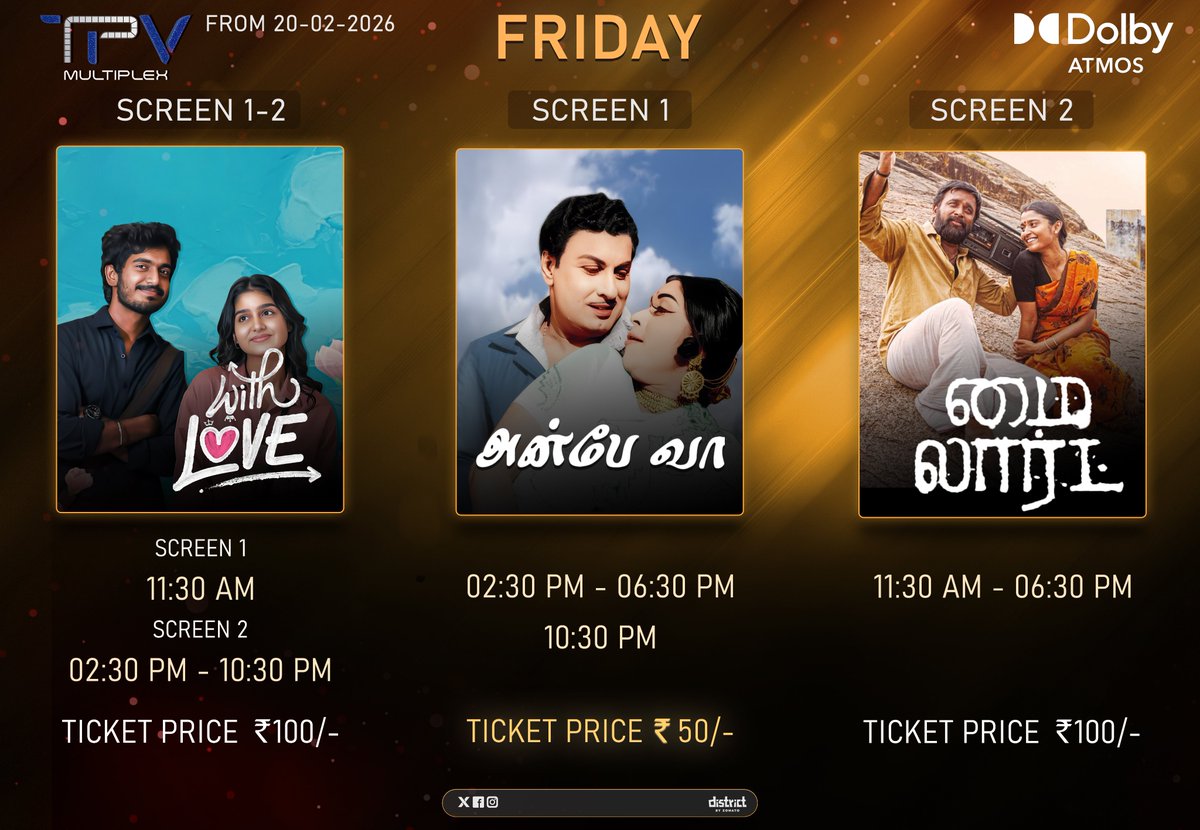 TPVMultiplex's tweet image. Indha Friday ready ah? 🎬✨
TPV Multiplex la ultimate movie lineup waiting!
 Anbe Vaa – Just ₹50/- 💛
Latest hits – ₹100/- 🎟️
Big screen experience miss pannatheenga!
#TPVMultiplex #FridayVibes #AnbeVaa #DolbyAtmos