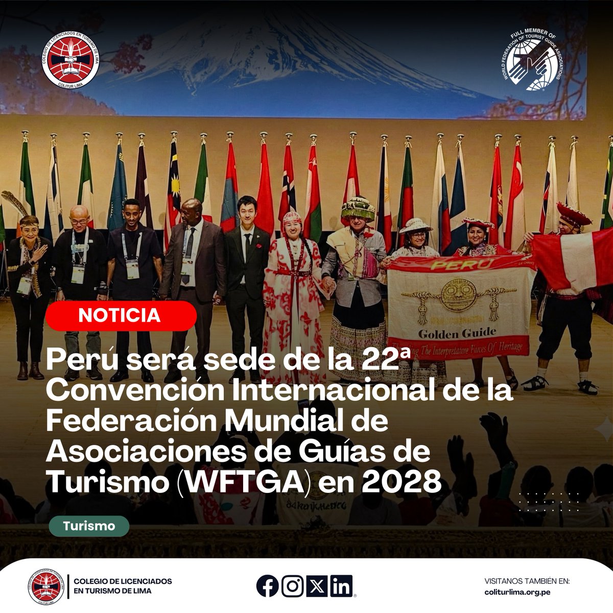 ColiturLima's tweet photo. ¡Gran noticia! Perú será sede de la 22ª Convención de la WFTGA en 2028. Reconocimiento al esfuerzo de las asociaciones y al respaldo institucional. Desde COLITUR Lima, celebramos. 🇵🇪 #WFTGA2028 #GuíasOficiales #TurismoPerú https://t.co/rZ8qEKWgoc