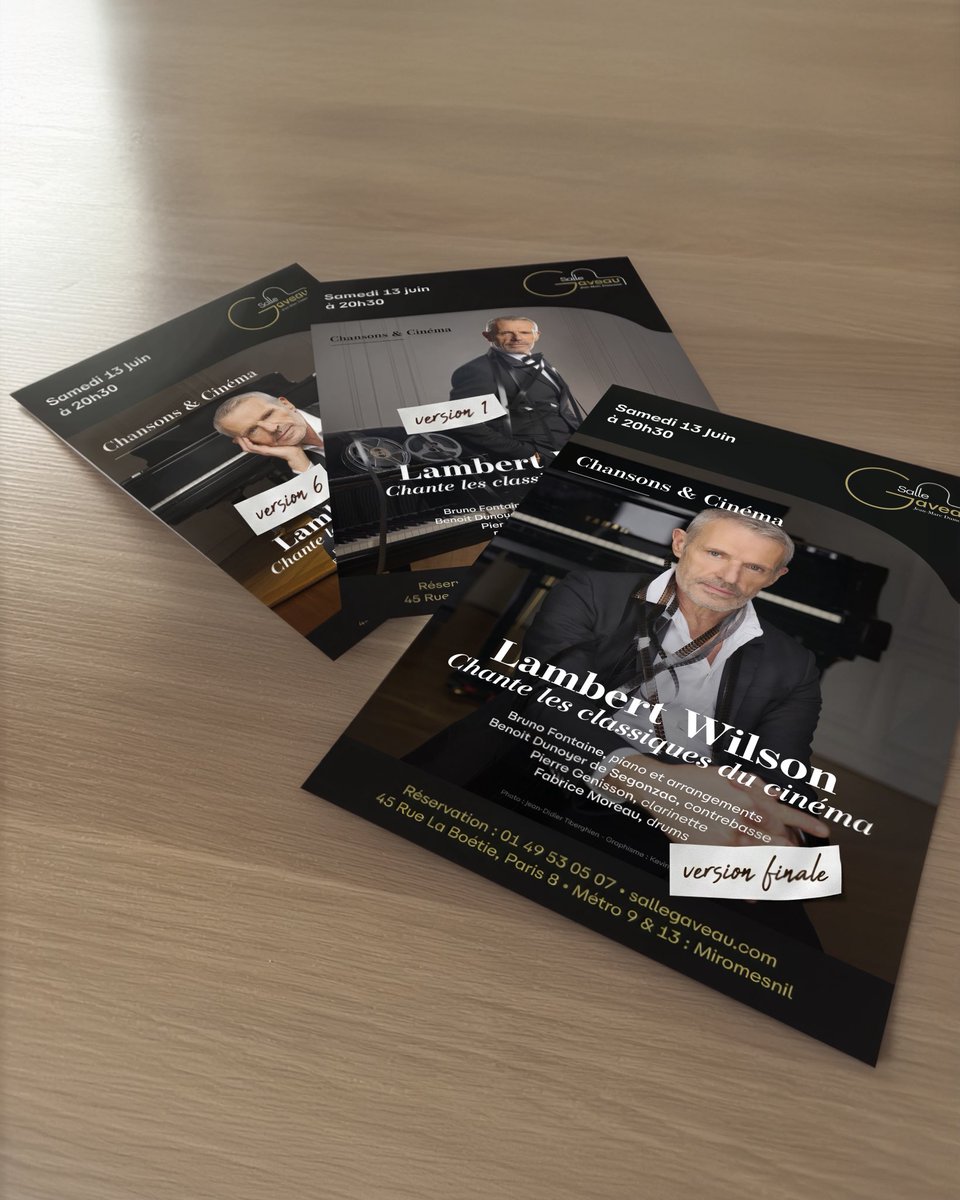 KevinMullr's tweet photo. Très heureux de partager la dernière affiche sur laquelle j’ai eu le plaisir de travailler ✍️ : le concert de Lambert Wilson, le 13 juin à la Salle Gaveau  

Photographie : Jean-Didier Tiberghien  
Maquilleuse : Aliénor Bernadie  
Retouches / DA : Kevin Muller  
Production : JMD https://t.co/aF9u0B2TId