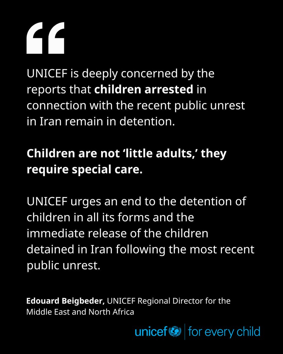 UNICEFmena's tweet photo. UNICEF calls for the release of all children arrested in the latest public unrest in Iran.

Statement by UNICEF Regional Director for the Middle East and North Africa Edouard Beigbeder: https://t.co/UTNAlSVv1H https://t.co/qJy2YHmKwE