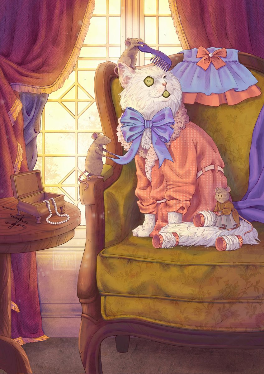 "Behind the scenes of Miss Silkwing's preparation for the cat beauty pageant" 🐈🏆👑 
#art #укарт #conceptart #characterdesign