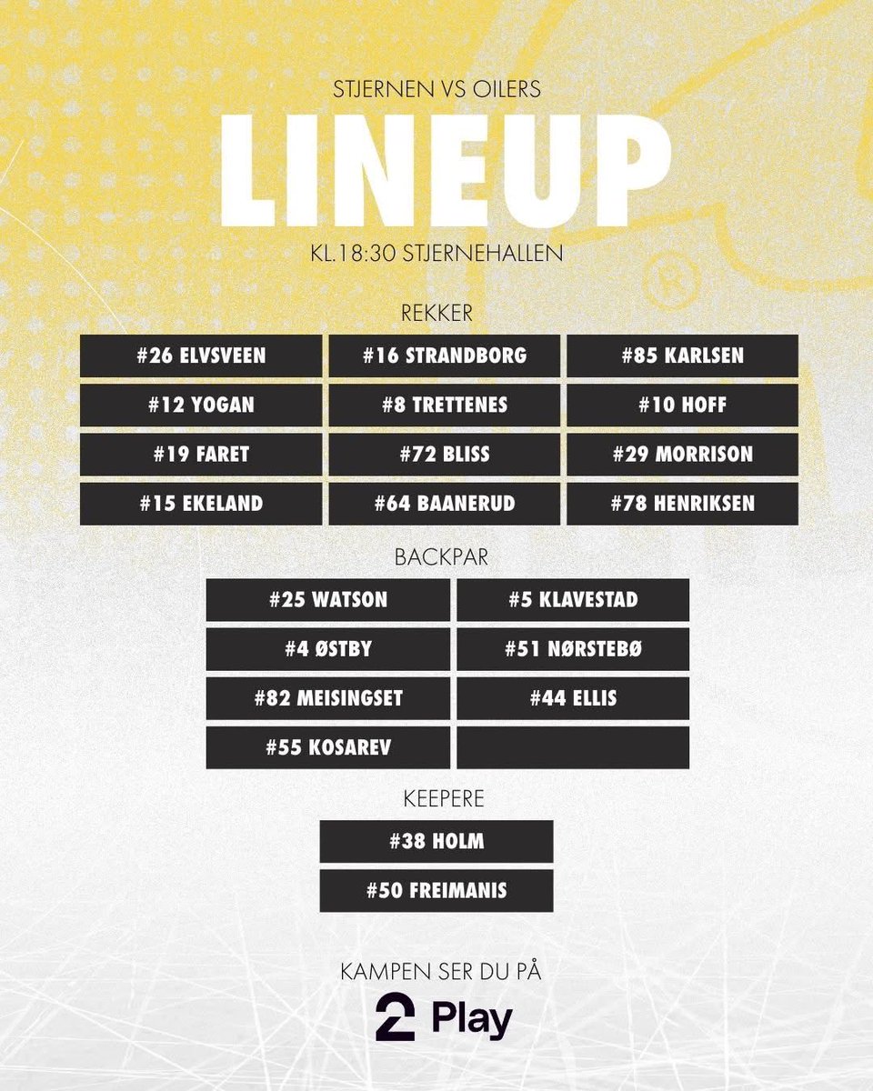StavangerOilers's tweet photo. Under en time til nedslepp. Her ser du troppen! 💛🖤 

Hoff er tilbake, Andrusiak soner, Løkkeberg er syk og McIntyre venter barn. Holm mellom stengene i fødebyen altså. #forzaoilers! https://t.co/PshGtBf8ZO