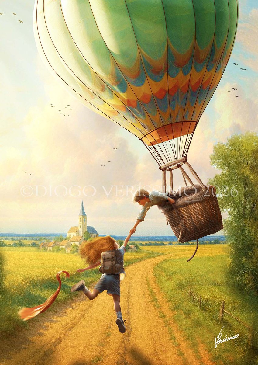 dverissimoart's tweet photo. A Soaring Adventure ©2026 Diogo Veríssimo -  
 
https://t.co/aOtmNhWcAc

#dverissimo #illustration #fantasy #dream #kids #children #balloon #adventure #landscape #boy #girl #flying #spring #summer https://t.co/jXHXGII24k