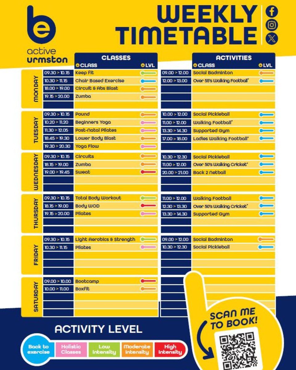 GeorgeCarnall's tweet photo. Pound, Yoga Flow, Postnatal Pilates, Strength &amp; Balance... the timetable's packed.

We will always shout this from the rooftops of Urmston- Don’t worry about being "fit enough"!!!

Show up exactly as you are.

Fitness is for real people.

What class do you fancy? https://t.co/OuSkPtGvO0
