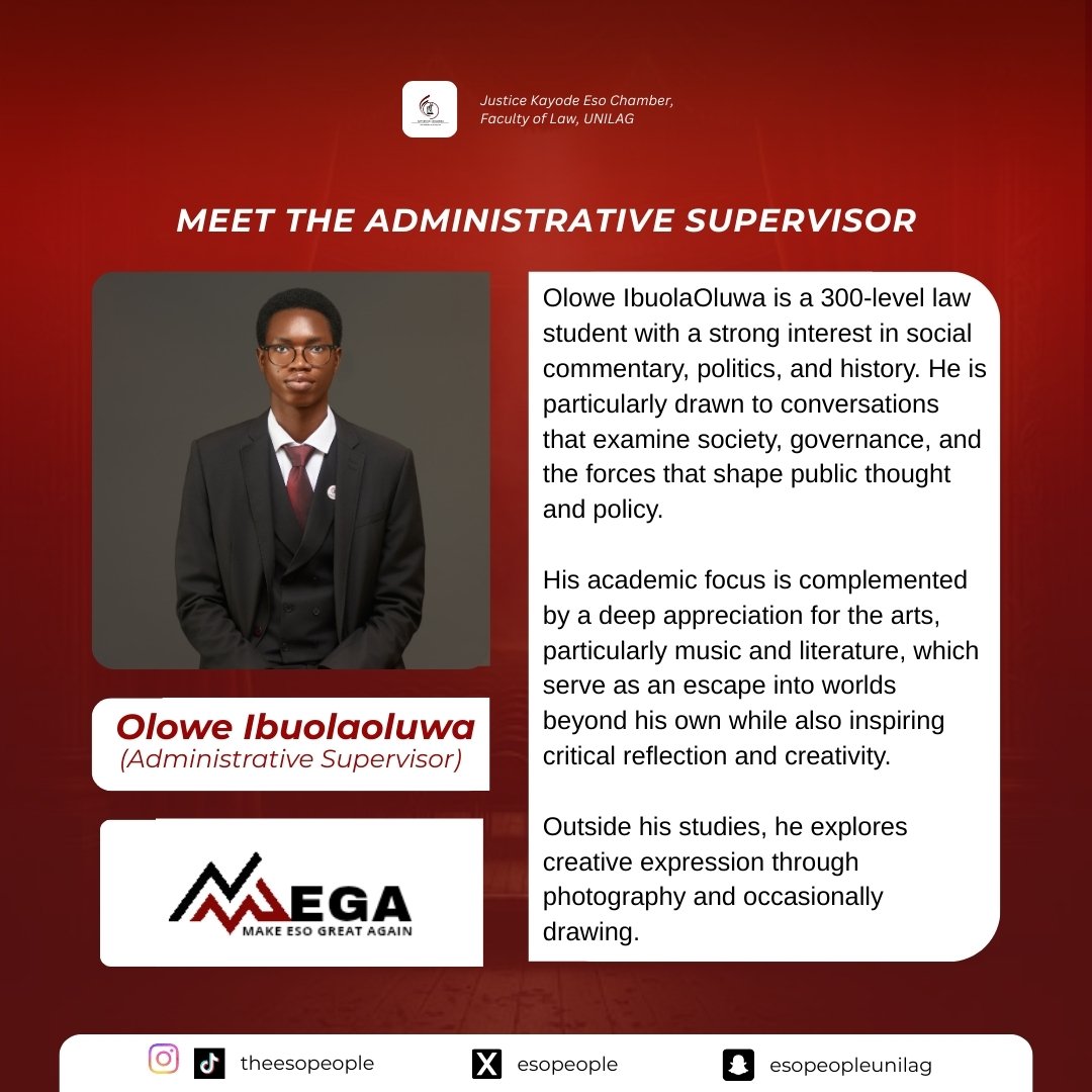 BEHIND EVERY ORGANIZED SPACE IS THIS THINKER.

Beyond paperwork, he brings oversight and alignment to the Chamber’s daily operations and functions.

Meet Olowe Ibuolaoluwa, the Administrative Supervisor .

 THE MEGA TEAM.