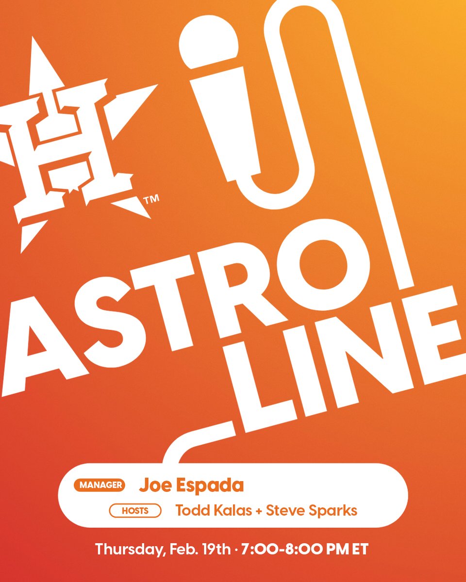 Live Astroline shows are back!
Catch up on all things baseball with Manager Joe Espada and hosts Todd Kalas and Steve Sparks. See you at Duffy’s Sports Grill (225 Clematis St, West Palm Beach, FL 33401) at 7 PM ET tonight.
Wear Astros gear for 10% off!