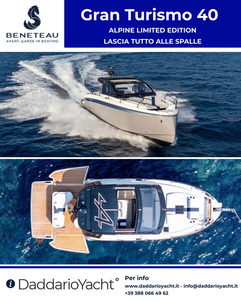 DAddarioYacht's tweet photo. π€β¨ Nuovo BENETEAU Gran Turismo 40 β Alpine Limited Edition
contattaci: DaddarioYacht
https://t.co/lWTtnmI8jd
info@daddarioyacht.it
+39 388 066 49 62
#Beneteau #GranTurismo40 #AlpineLimitedEdition #BeneteauGT40 #YachtLife https://t.co/F9sPyhFQNs