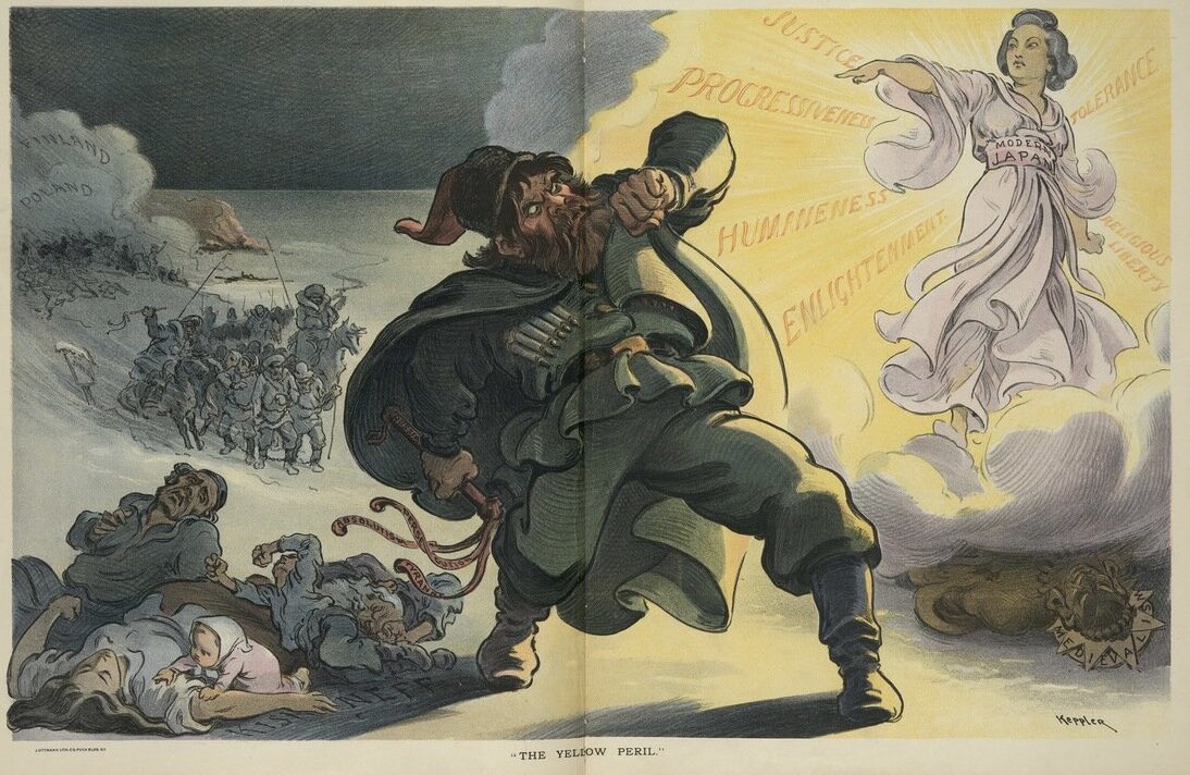 Modern Japan blinding a barbarian Cossack. A caricature from the American magazine Puck, 1904.