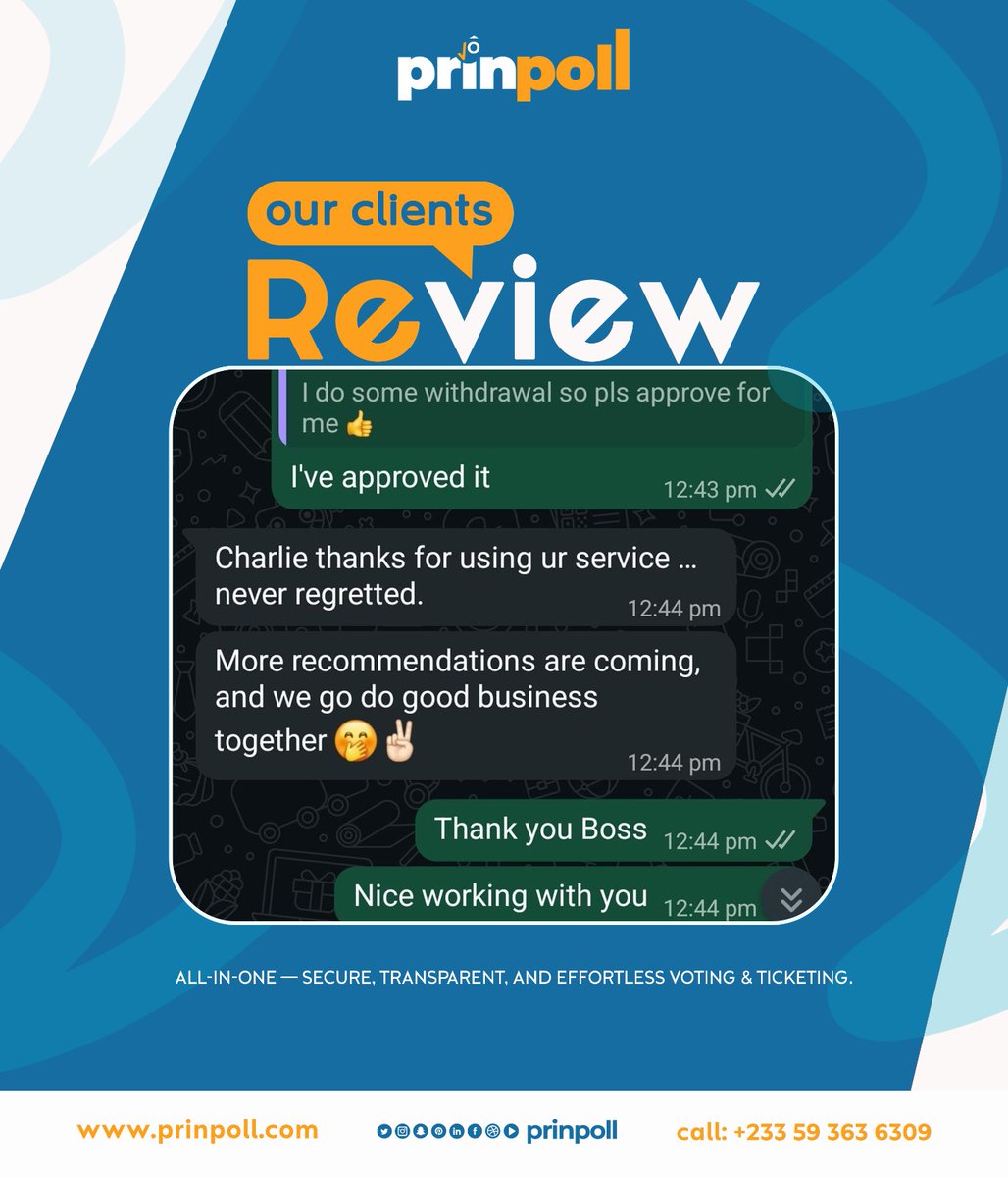 Prinpoll_com's tweet photo. Our clients don’t hype us — their results do. ⭐️
From smooth voting to tickets that scan, PRINPOLL delivers every time.
Secure. Transparent. Effortless.
#PRINPOLL #ClientReview #EventTech #GhanaTwitter #DigitalVoting #Ticketing #SmartEvents #ResettingGhana https://t.co/4LsLO635BV