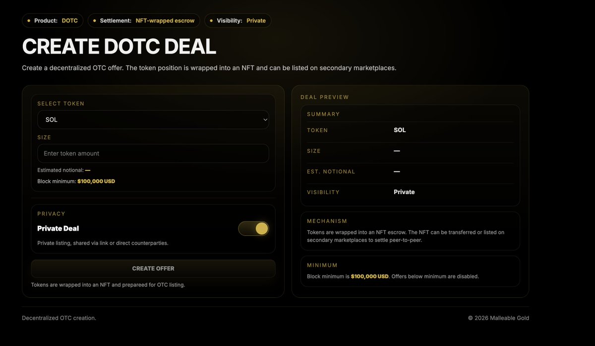 small update

added decentralised OTC today

any SPL token can run trustless and cheaper OTC deals

btw portion of protocol revenue will go to buying <a href="/MalleableGold/">Malleable Gold</a>, current marketcap $130k 

we are going to RUN THIS THE FUCK UP