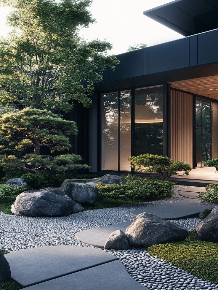 A home featuring a Japandi-style garden