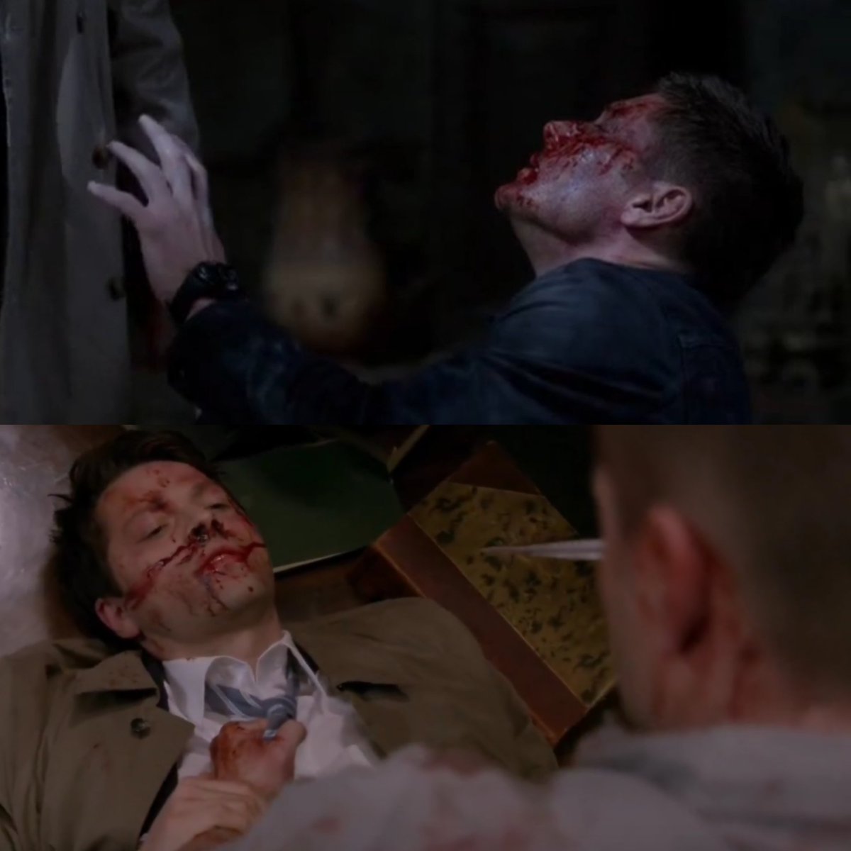 Blood on Castiel's hands because he was under the brainwashing and no blood on Dean's hands because Dean would rather die than hurt Cas.
Blood on Dean's hands because he was under the influence of the Mark and no blood on Cas' hands because Cas would rather die than hurt Dean.
