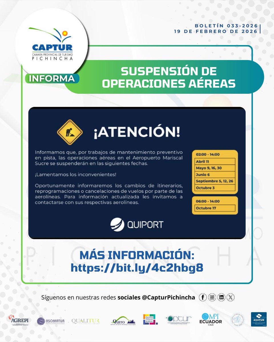 #CAPTURInforma 🚨

El Aeropuerto Internacional Mariscal Sucre suspenderá operaciones por mantenimiento en 2026.

🗓️ Sábados (abr–oct)
⏰ 02:00–14:00
🔗 bit.ly/4c2hbg8

#Quito #Aeropuerto #TurismoEcuador