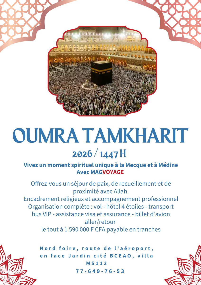 MAGVOYAGE24's tweet photo. 🕋 Et si cette Tamkharit était celle qui change votre vie ?
Un voyage vers Makkah et Médine, un moment pour purifier son cœur et se rapprocher d’Allah 🤲
✨ Ne laissez pas passer cette bénédiction.
📲 Réservez dès maintenant au 77 649 76 53
⚠️ Places limitées. https://t.co/ffZAudWwDb