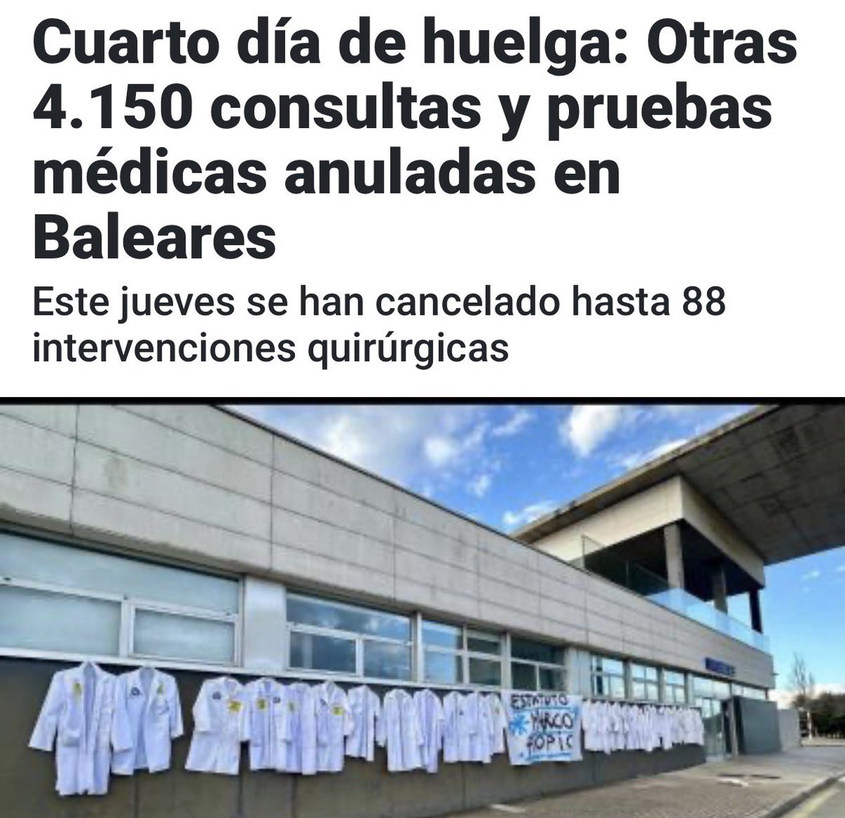 ppbalears's tweet image. 🏥 Cuarto día de huelga en Balears.

❌ 4.150 consultas y pruebas médicas anuladas.
❌ 88 intervenciones quirúrgicas canceladas en un solo día.

Cada cita suspendida y cada operación aplazada tienen un responsable claro: Pedro Sánchez.