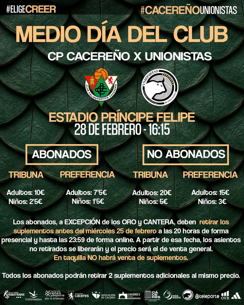 ⚽️ Primera Federación 

🟩 El Cacereño declaró partido Medio Día del Club su choque ante el Unionistas del 28 de febrero. 

Más de 700 aficionados de Salamanca ya sacaron su entrada para ese partido

Tras el derbi en el estadio 🏟️ Romano, el Cacereño tiene otro duelo de afluencia