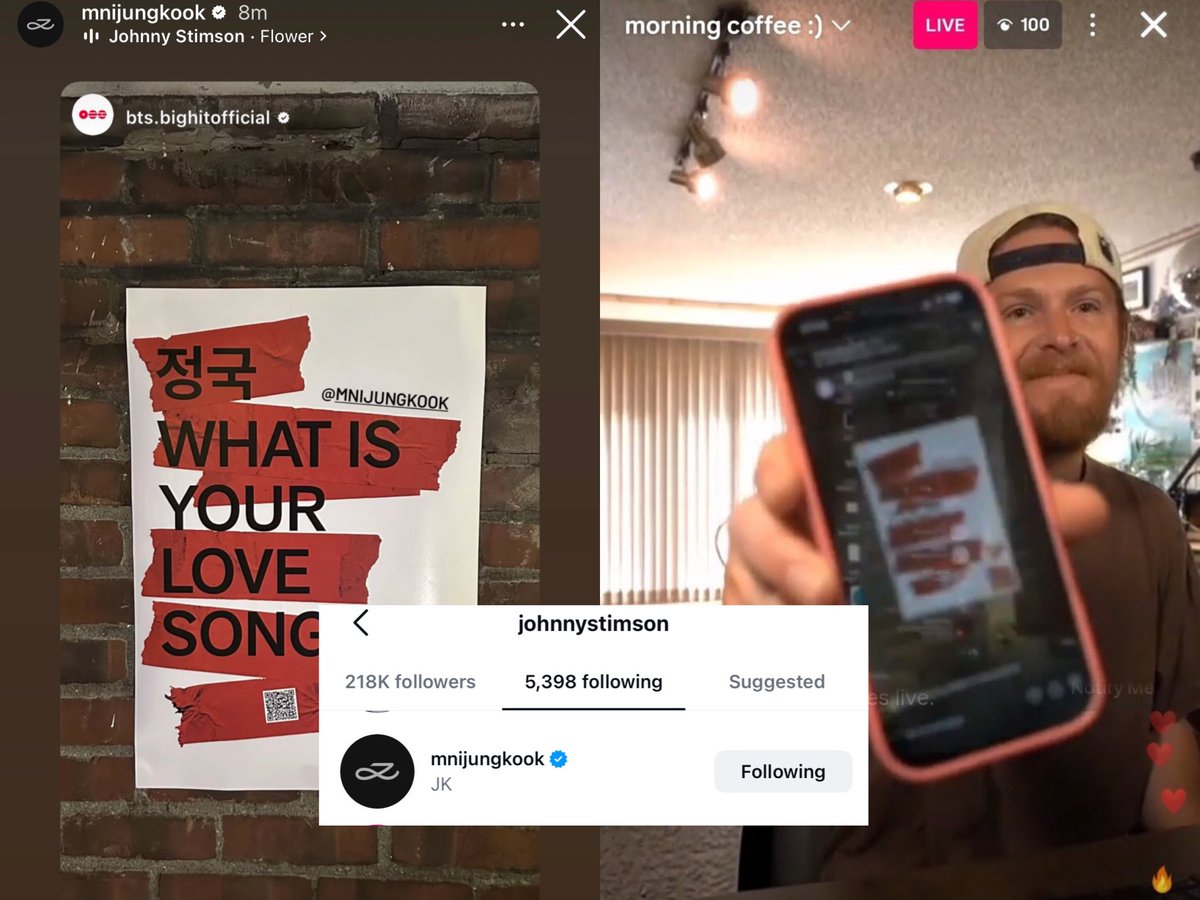 Johnny Stimson was on a live and saw Jungkook used his song on his IG story! He also follows Jungkook on ig 🥹