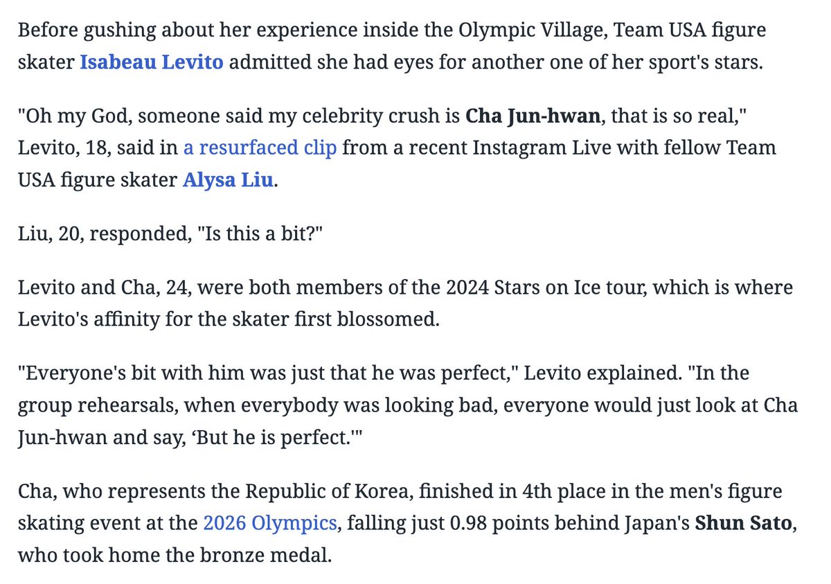 plus_goe's tweet photo. 레비토 라방 이거 기사났네ㅋㅋㅋㅋㅋㅋㅋㅋ  
Team USA's Isabeau Levito Admitted ‘Crush' on Fellow Olympic Figure Skater

"Oh my God, someone said my celebrity crush is Cha Jun-hwan, that is so real," 
Levito, 18, said in a resurfaced clip from a recent Instagram Live with fellow Team USA figure skater Alysa Liu.

#차준환 #JunhwanCha

🔗https://t.co/aM8WZv7LT9