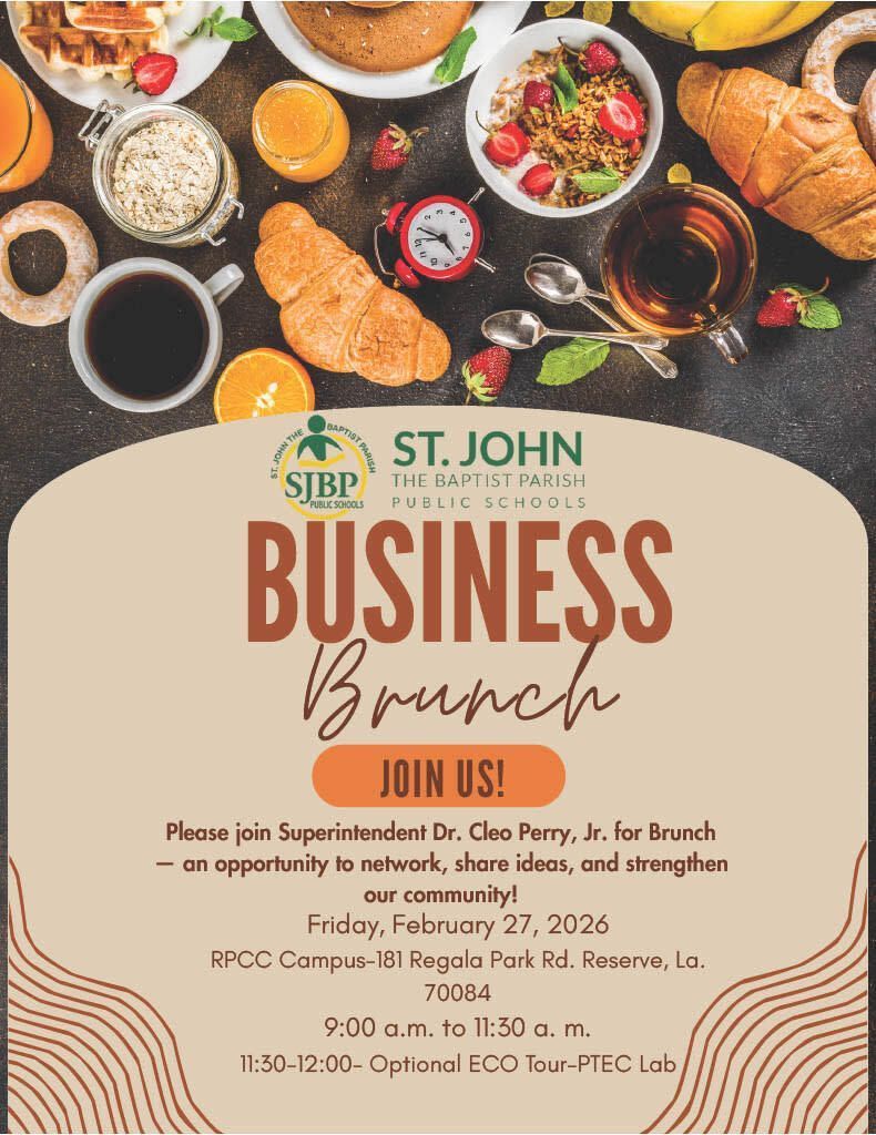 Join Superintendent Dr. Cleo Perry, Jr., for the <a href="/SJBPS118/">St. John the Baptist Parish Schools</a> Business Brunch and explore partnerships that support students and workforce readiness.

Register 👉 buff.ly/csNrNGu