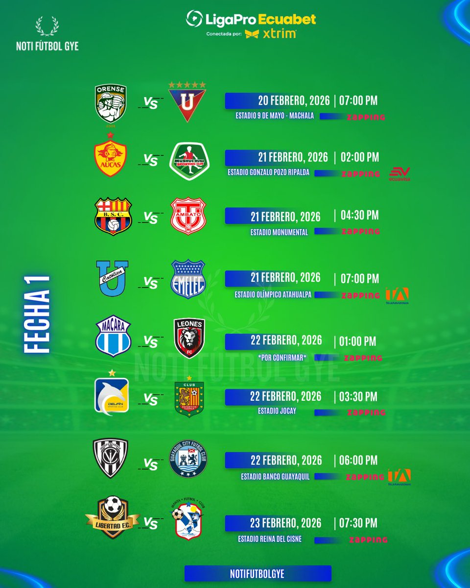 🏆 ¡𝐀𝐑𝐑𝐀𝐍𝐂𝐀 𝐄𝐋 𝐂𝐀𝐌𝐏𝐄𝐎𝐍𝐀𝐓𝐎! 🇪🇨

🗓️ Programación para la primera fecha de la #LigaEcuabet 2026.

Somos #NotiFútbolGYE.
