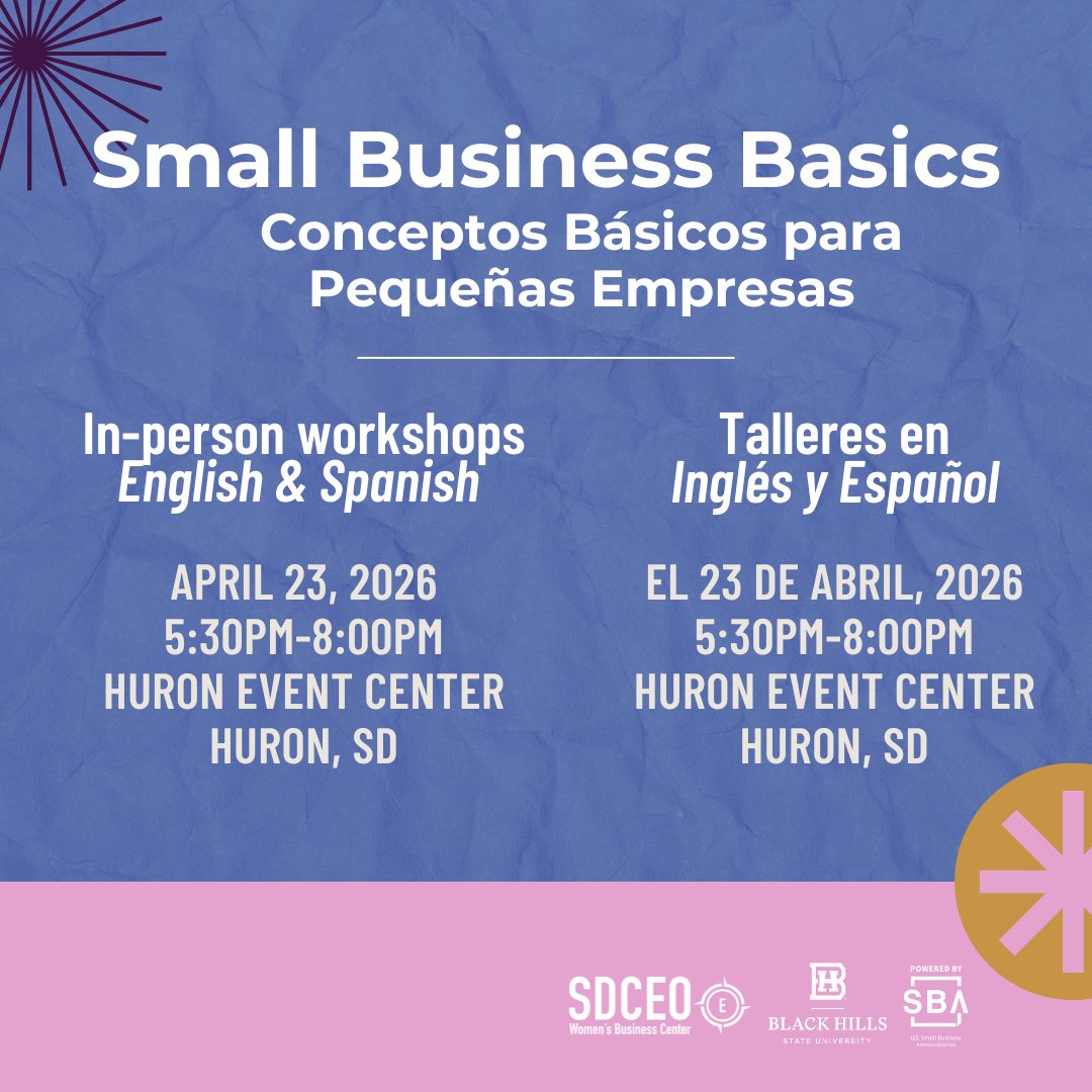 Ready to grow your business — not just start one?

Join us for Bilingual Small Business Basics on April 23 at the Huron Event Center. It’s designed for established businesses ready to strengthen their foundation and scale strategically.

Learn more at: sdceo.ecenterdirect.com/events/1019226