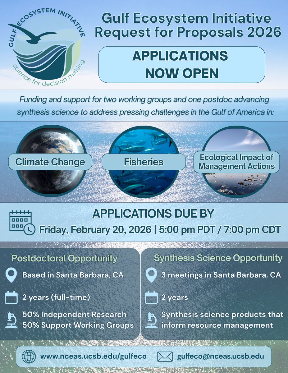 ucsb_nceas's tweet image. ⚡ Final call! Applications for the Gulf Ecosystem Initiative RFP close Feb 20, 2026 🌊.
 
🔗 Apply here: nceas.ucsb.edu/gulfeco

#FinalCall