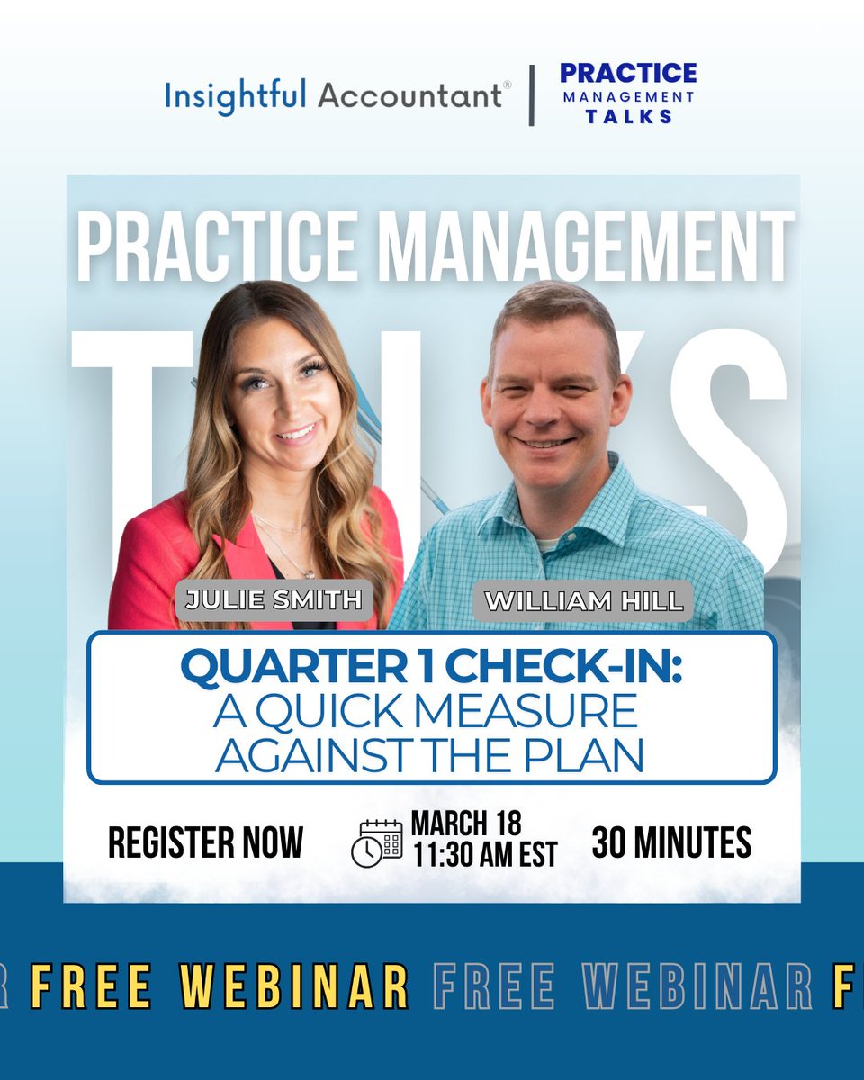 InsightfulActnt's tweet image. 📊 Q1 Check: Is Your Firm Ahead or Behind?

• Track your goals
• See what’s working
• Plan your next move

Practice Management Talks — Quarter 1 Check-In
🗓️ March 18 | ⏰ 11:30 AM EST

👉 Register here: hubs.li/Q043LwDB0

#PracticeManagement #AccountingFirms #FirmGrowth