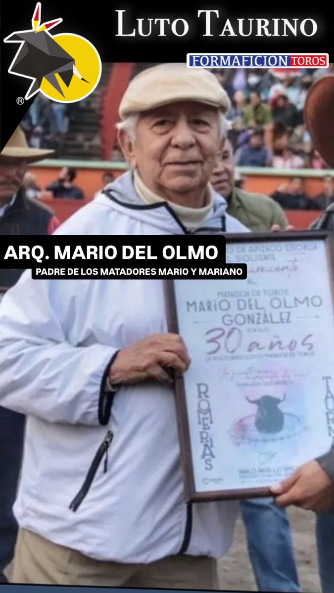 Iniciando el día Falleció el Arquitecto Don Mario Cesar del Olmo Sánchez a la edad de 91 años.

Fue el diseñador de la monumental de Apizaco y padre de los matadores Mario y Mariano del Olmo.

Descanse en Paz