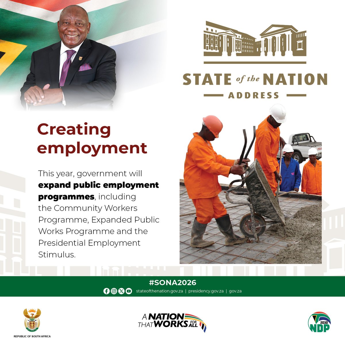 GovernmentZA's tweet photo. #SONA2026 Commitment | Expand public employment programmes
This year, government will expand public employment programmes, including Community Workers Programmes, EPWP, and the PYEI.
#GovZAUpdates #CreatingEmployment https://t.co/adb080t72z