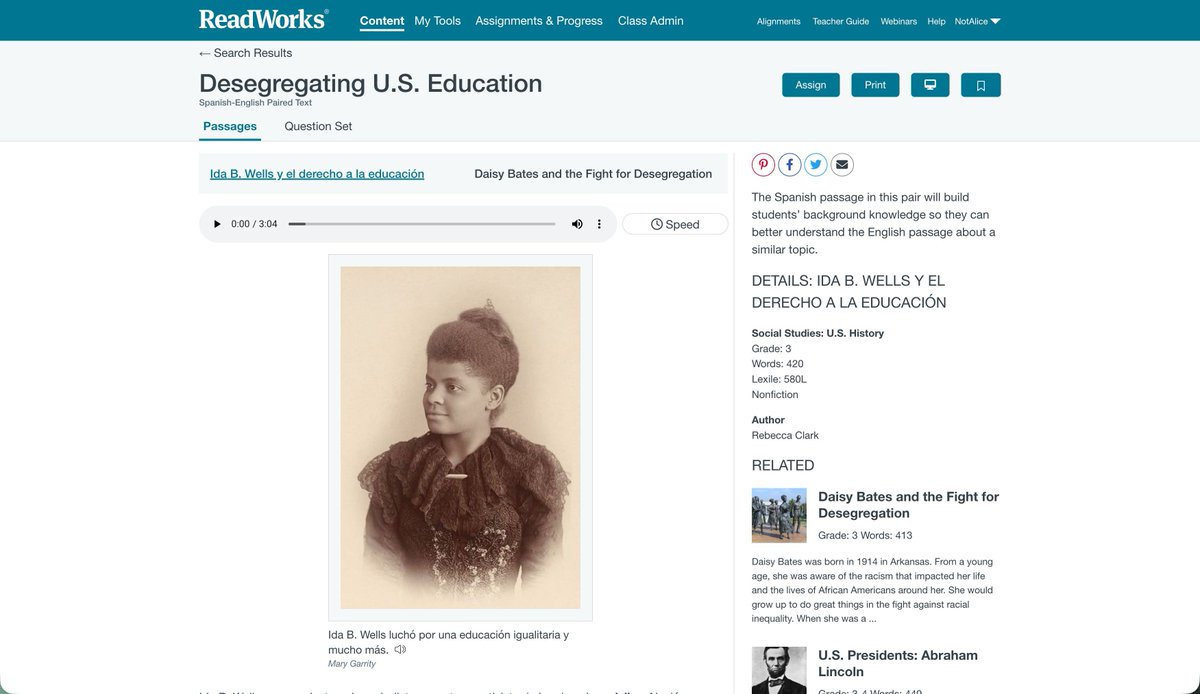alicekeeler's tweet photo. Have students who are Spanish speakers? ReadWorks also has classroom content in Spanish that can be used to differentiate. 

Check out this Spanish language article on desegregating US education.
https://t.co/FLLfHRMBHx 

#ReadingComprehension #TeacherTech #ReadWorks #BlackHistoryMonth @readworks