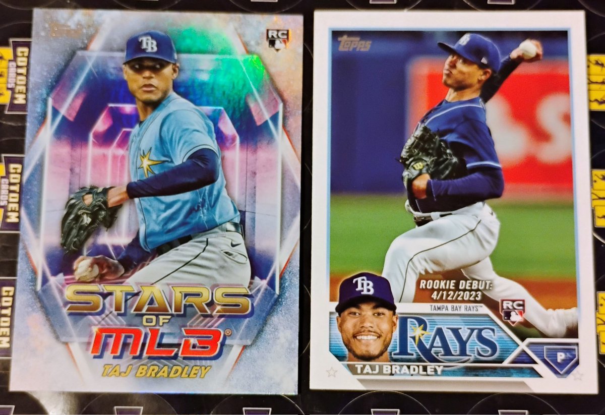 GotdemCards's tweet photo. TAJ BRADLEY 2023 TOPPS UPDATE ROOKIE DUO 💎
Lot Price: $2 OBO ⚾️
Individual Prices:
Taj Bradley (#SMLB-89 Stars of MLB): $1.99
Taj Bradley (#US3 Rookie Debut): $1.00
Pricing is based on the most recent eBay sold comps for these specific 2023 Topps cards!
Player Highlights & History:
2023 Topps Stars of MLB (#SMLB-89): This insert features the sleek, futuristic design of the popular Stars of MLB set, highlighting Bradley's status as a premier young talent in the league.
2023 Topps Rookie Debut (# US3): This card commemorates his official arrival on April 12, 2023. Bradley made an immediate impact, racking up 8 strikeouts in his debut against the Red Sox the second-most for any pitcher in Rays debut history.
Strikeout Machine: Bradley quickly became a fan favorite by setting a Rays rookie record with 129 strikeouts in his first 21 career starts.
Dominant Stretch: During the 2024 season, he proved his elite ceiling by posting a staggering 0.82 ERA over a nine-start span, the lowest mark for such a stretch in Tampa Bay franchise history.
Career Trajectory: A 5th-round pick in 2018, Bradley has transitioned from a top-ranked prospect to a cornerstone of the rotation, amassing over 400 strikeouts by the end of 2025.
#TheHobby #RC #ToppsUpdate #THFpro