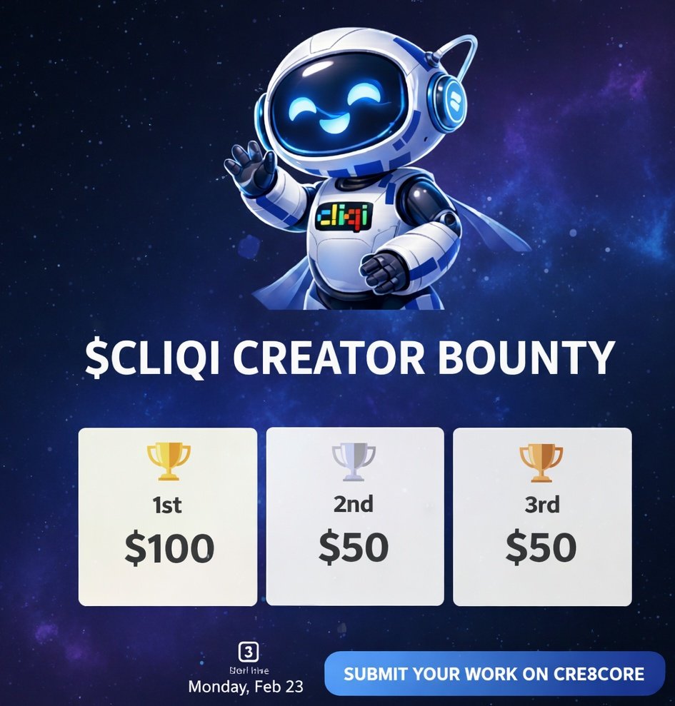 If you’re a trader, writer, or video creator, this is for you.

$CLIQI $200 Creator Bounty on <a href="/Cre8core_Labs/">Cre8core</a> is live.

Create content that amplifies <a href="/cliqibot/">Cliqi</a> and shows how it works.

The bounty runs until Monday, Feb 23.