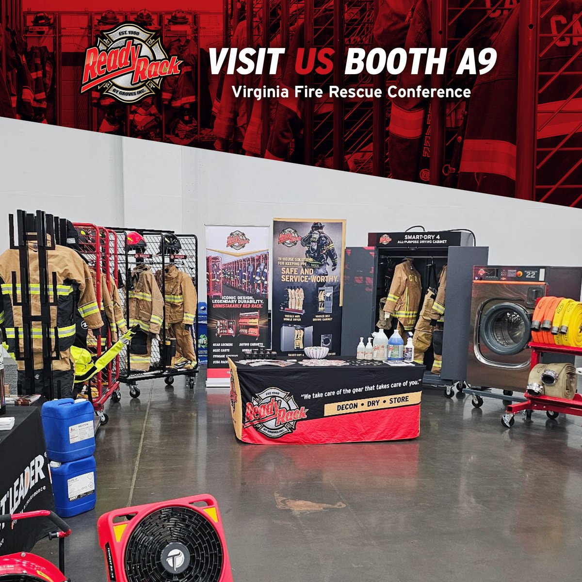 ReadyRack's tweet photo. We’re live at the Virginia Fire Rescue Conference. Swing by Booth A9 to see the products that keep your station running and your crew safe. Discover why our iconic Red Rack™ lockers are the gold standard for PPE storage. Explore our science-based Decon Ready™ decontamination solutions and our industry-leading extractors, drying cabinets, and mobile dryer—making us your one-source solution for the whole house.