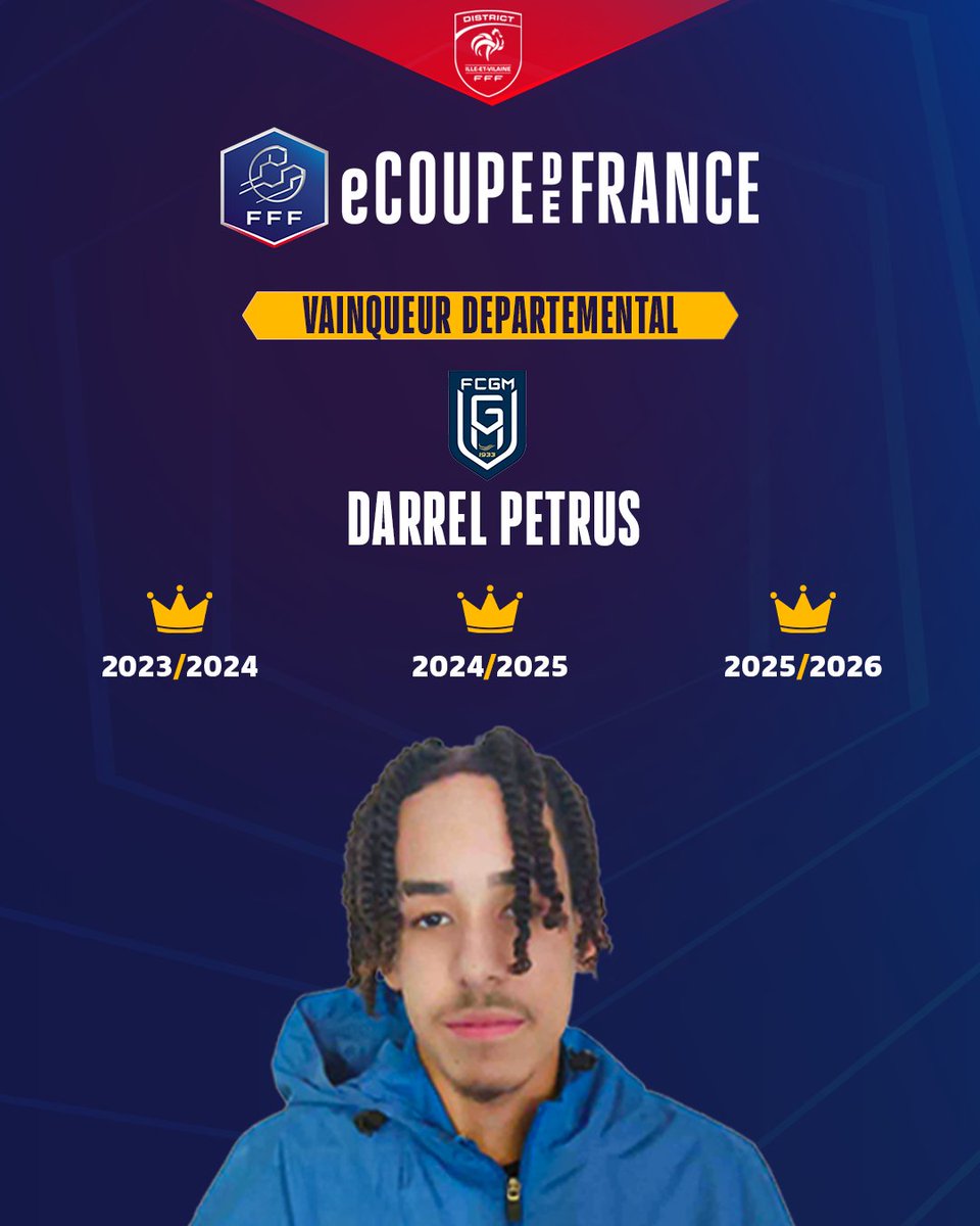 DistrictFoot35's tweet photo. 🎮[#EFOOT] Darrel Petrus réalise le triplé !

Déjà vainqueur des deux premières éditions, Darrel Petrus (FC Guipry-Messac) remporte la finale départementale de l’eCoupe de France 2025-2026 face à Mathis Paigier (FC du Canton du Sel)👏

↪️ https://t.co/zllM8ALBu9 https://t.co/WBhKUTVx0s