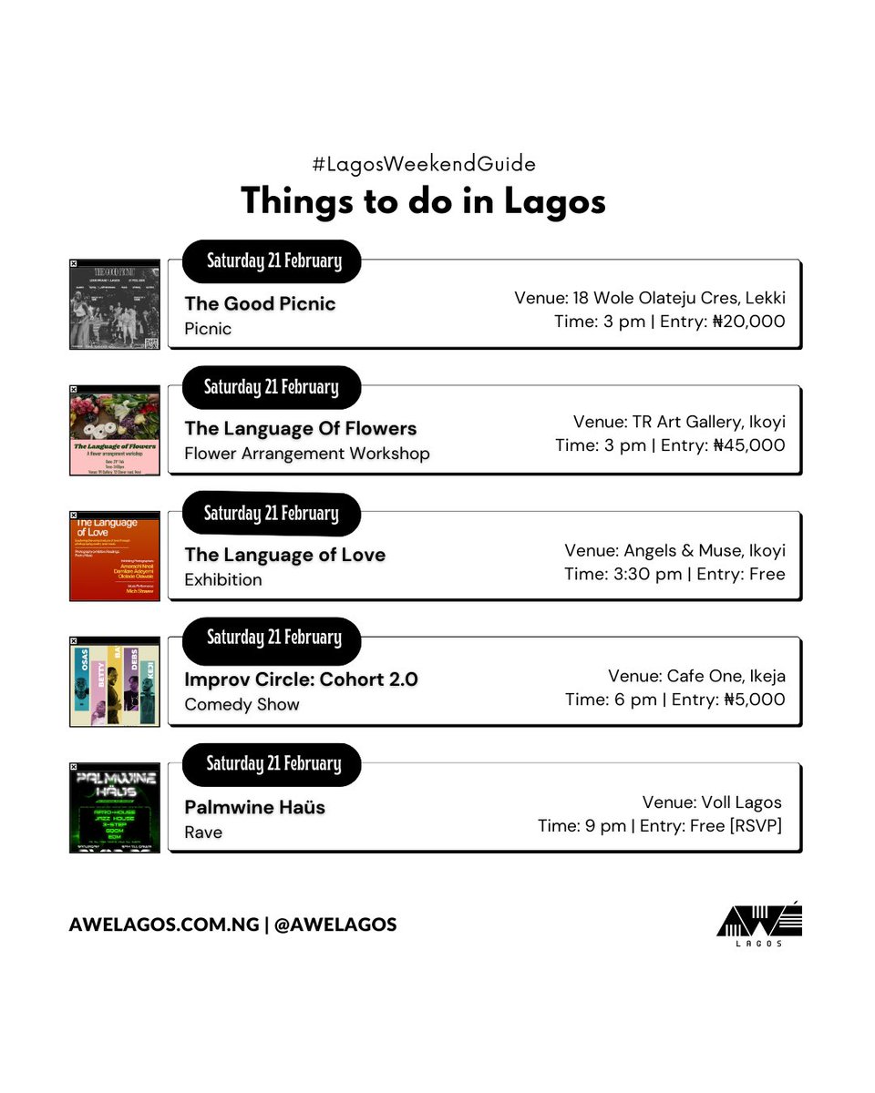 AweLagos's tweet photo. Looking for things to do in Lagos this weekend (Saturday 21 – Sunday 22 February 2026)?
From picnics and flower workshops to exhibitions, comedy, raves, film, trivia, and live music — Here’s your Lagos Weekend Guide ✨
Save this #LagosWeekendGuide 🤍
Send to your group chat. Pick your plan. Step out.