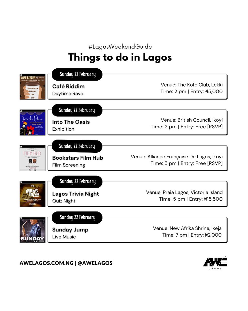 AweLagos's tweet photo. Looking for things to do in Lagos this weekend (Saturday 21 – Sunday 22 February 2026)?
From picnics and flower workshops to exhibitions, comedy, raves, film, trivia, and live music — Here’s your Lagos Weekend Guide ✨
Save this #LagosWeekendGuide 🤍
Send to your group chat. Pick your plan. Step out.