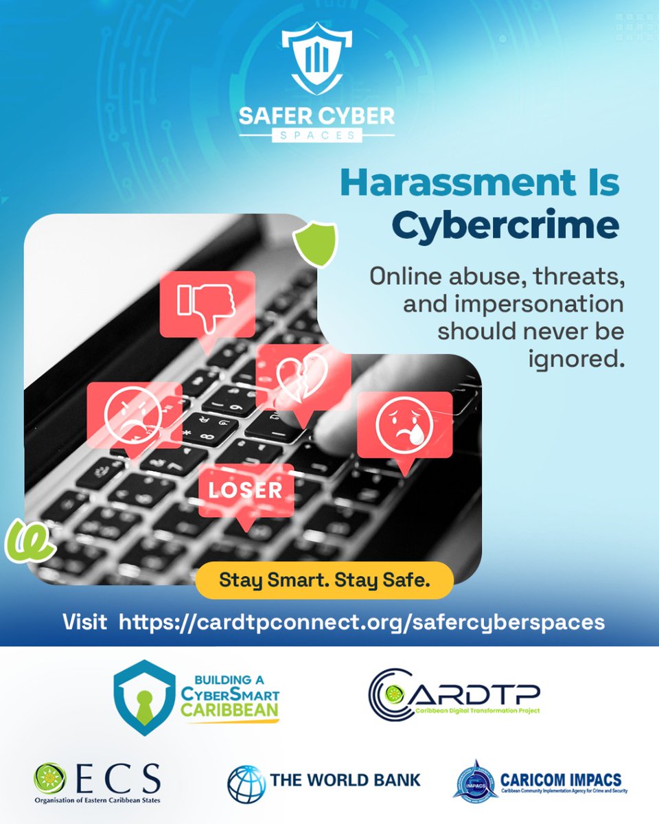 oecscommission's tweet photo. Online harassment, threats, and impersonation are cybercrimes. If you experience them, save the evidence — screenshots, messages, and links help when reporting and taking action.
@Cimpacs
#StopOnlineAbuse #CyberSafety #DigitalSafety
#CARDTP https://t.co/HJ6GKj8oPU