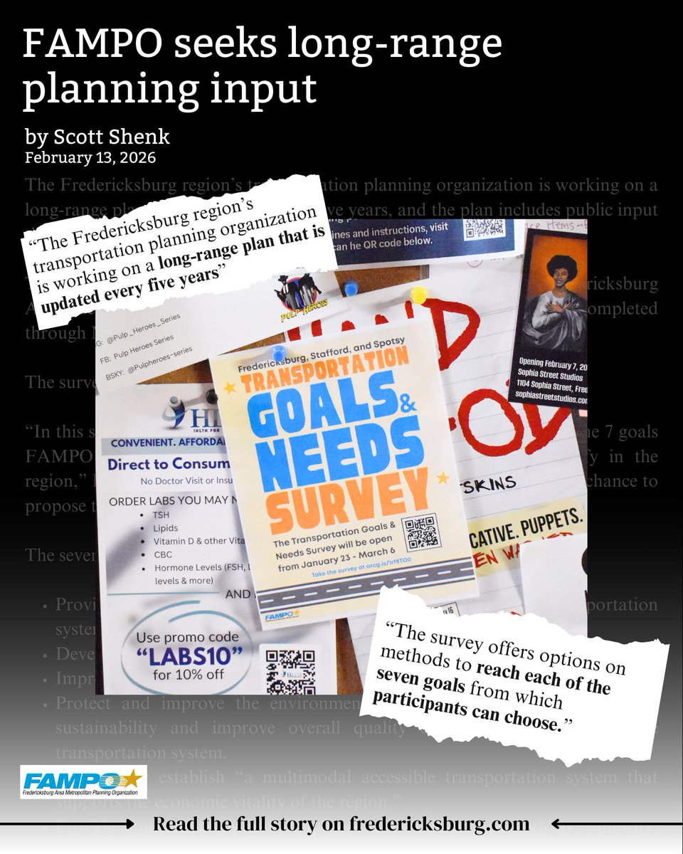 FAMPO_VA's tweet photo. Two great articles about the Transportation Goals &amp; Needs Survey! Thank you to City of Fredericksburg, Virginia Government for the shout out during your City Council meeting. 

#fredericksburgva #staffordva #spotsylvaniava #LocalNews #TransportationPlanning #survey https://t.co/x1CTd7BU79