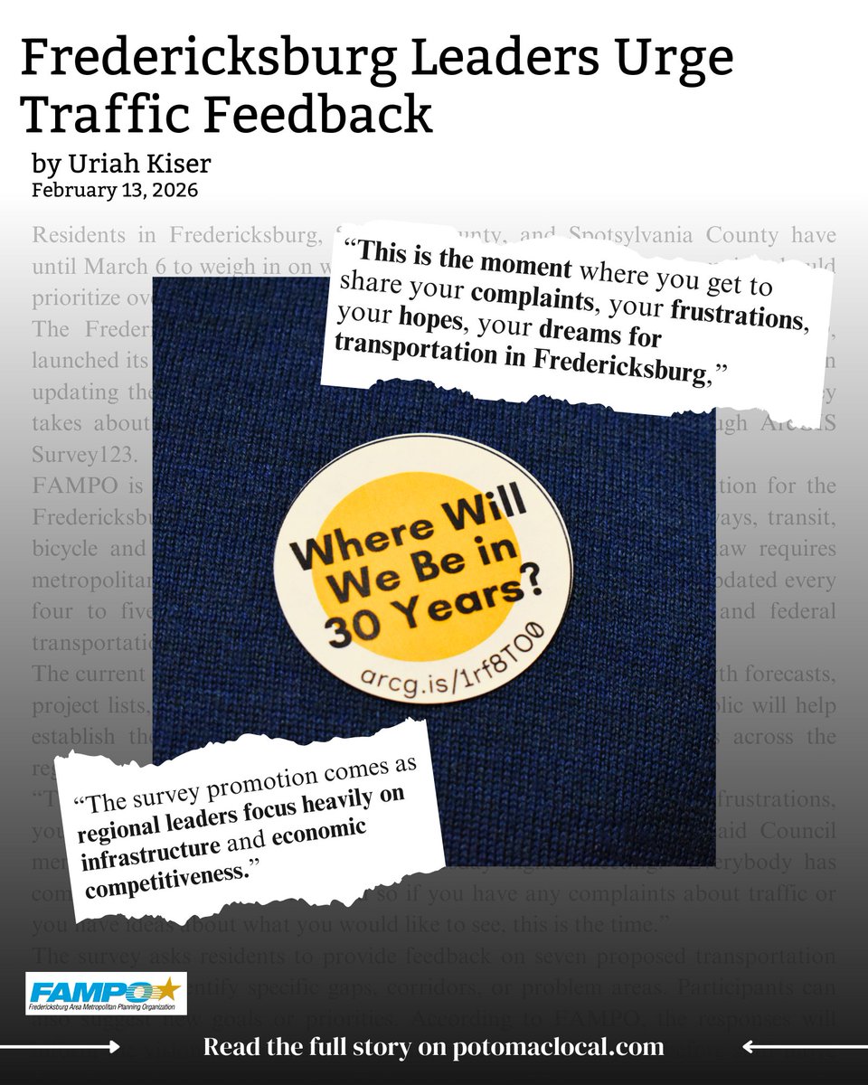 FAMPO_VA's tweet photo. Two great articles about the Transportation Goals &amp; Needs Survey! Thank you to City of Fredericksburg, Virginia Government for the shout out during your City Council meeting. 

#fredericksburgva #staffordva #spotsylvaniava #LocalNews #TransportationPlanning #survey https://t.co/x1CTd7BU79