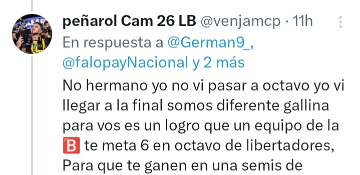 venjamcp's tweet photo. @German9_ @falopayNacional @Libertadores @OficialCAP Me preguntaste gallina si vi a mi equipo pasar de fase de grupos antes de 2024 y te respondi gallina analfabeta. https://t.co/vxt7azJVB9