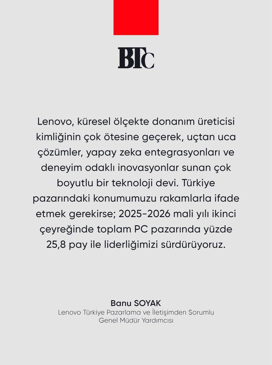 Dünyanın bir numaralı PC üreticisi olarak elde ettiği başarıyla araştırmalarını hızlı büyüyen alanlara odaklayan Lenovo’nun Türkiye Pazarlama ve İletişimden Sorumlu Genel Müdür Yardımcısı Banu Soyak, Business Türkiye Şubat sayısında.

businessturkiye.com.tr/roportajlar/pa…