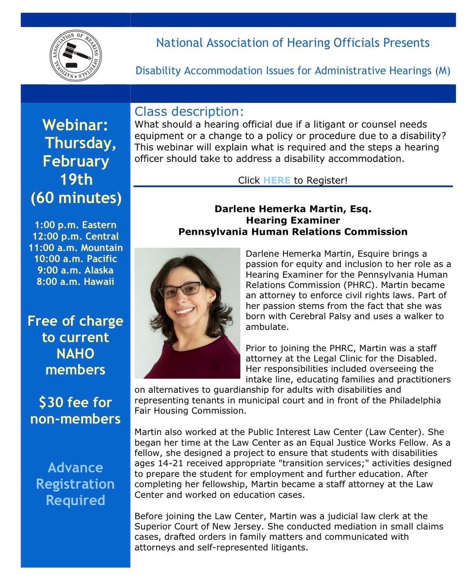 NAHOtweets's tweet photo. ➡️Don’t forget to join us today for February’s webinar: Disability Accommodation Issues for Administrative Hearings (M)

🗓️ Thurs. 2/19 @ 12 CT/1 ET

🆓Free for members! 
💲30 for nonmembers 

 💻Visit https://t.co/E9nDy87a2z for details! https://t.co/JqmPzLqqp3