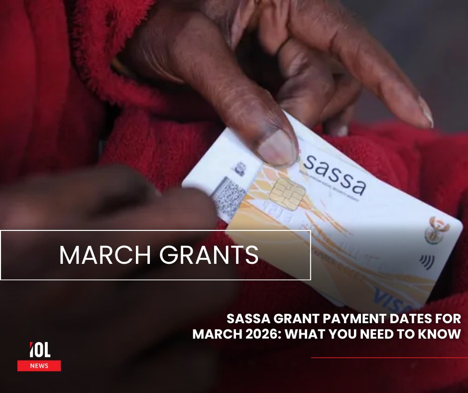 IOL's tweet photo. SASSA to pay three major social grants from March 3–5, 2026; beneficiaries must act on review SMS to avoid suspension.
#SASSA #SocialGrants #March2026 #OlderPersonsGrant #DisabilityGrant
Read on: https://t.co/5fs0zvepyX https://t.co/PmAbebqk1S