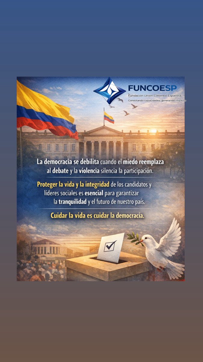 FUNCOESP's tweet photo. Recuperar la tranquilidad, seguridad y confianza colectiva,no desde la confrontación,sino desde el compromiso ético de todos. La democracia empieza x garantizar que nadie sea eliminado,amenazado o silenciado x pensar distinto o x participar. @CanalRCN @moecolombia @BluRadioCo https://t.co/vjjxoNyuGE